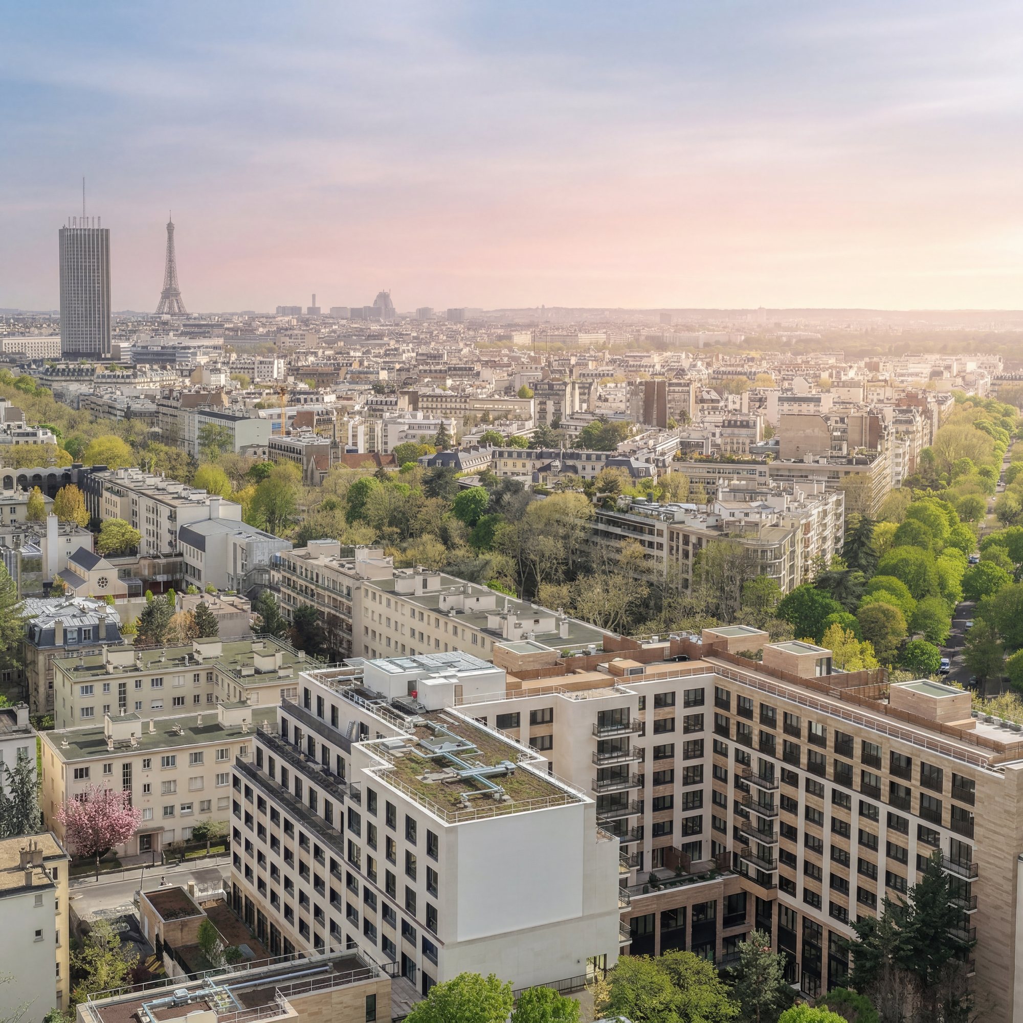 Vue panoramique de Paris au coucher du soleil depuis l'opération